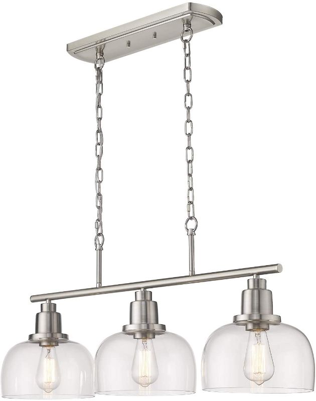 Photo 1 of Eapudun 3-Light Kitchen Island Light, Farmhouse Pendant Lighting for Dining Room Pool Table Ceiling Light, Brushed Nickel Finish with Clear Glass, PDA1125-BNK
AS IS USED, HARDWARE NOT IN ORIGINAL PACKAGING, PLEASE SEE PHOTOS, MINOR DAMAGE, ONE SPOT LIGHT 