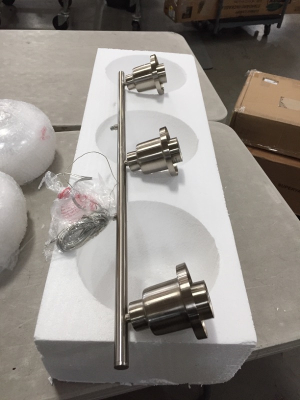 Photo 2 of Eapudun 3-Light Kitchen Island Light, Farmhouse Pendant Lighting for Dining Room Pool Table Ceiling Light, Brushed Nickel Finish with Clear Glass, PDA1125-BNK
AS IS USED, HARDWARE NOT IN ORIGINAL PACKAGING, PLEASE SEE PHOTOS, MINOR DAMAGE, ONE SPOT LIGHT 