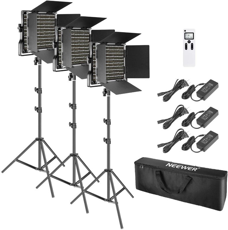 Photo 1 of Neewer 3 Packs Advanced 2.4G 660 LED Video Light Photography Lighting Kit, Dimmable Bi-Color LED Panel with LCD Screen, 2.4G Wireless Remote and Light Stand for Portrait Product Photography
