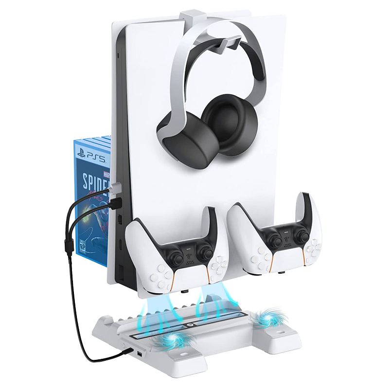 Photo 2 of NexiGo PS5 Vertical Stand with Headset Holder, Multifunctional Stand with Cooling Station and Game Storage, Dual Controllers Charger, Headphone Stand, for Playstation 5 (Disc and Digital Edition)
