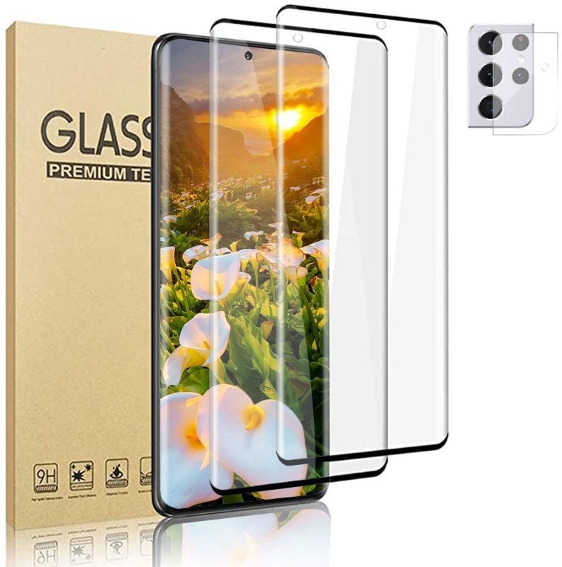 Photo 1 of (2+1 Pack) Galaxy S21 Ultra Screen Protector and Camera Protector, 100% Touch Sensitivity, Compatible with Fingerprint Unlocking, Full Coverage Tempered Glass Screen Protector for Samsung Galaxy S21 Ultra 5G (6POINT8“) 2 PACKS  4 SCREENS 
