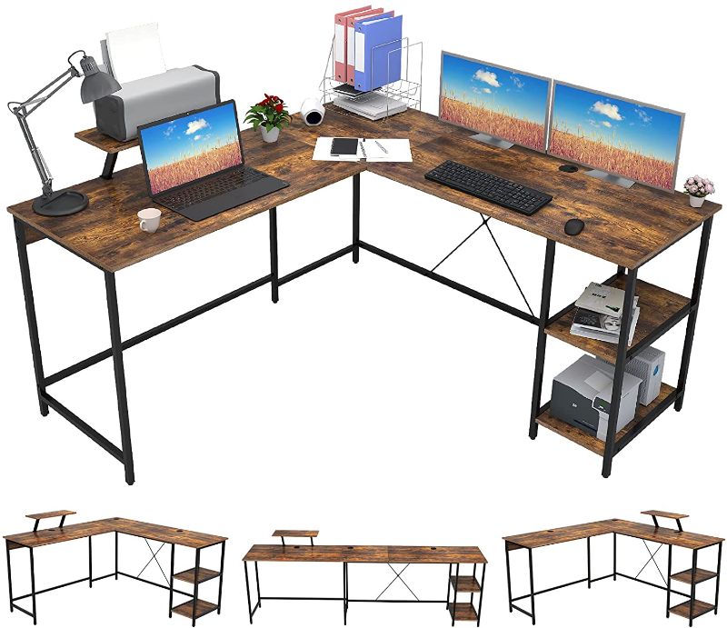 Photo 1 of OUTFINE L Shaped Desk Corner Desk Double Computer Desk Home Office Gaming Workstation with Storage Shelves and Monitor Stand
