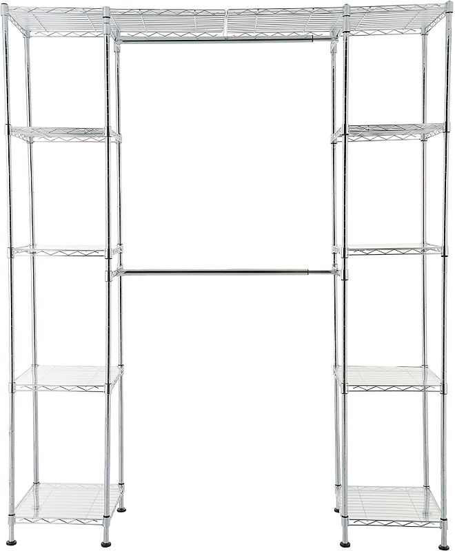 Photo 1 of Amazon Basics Expandable Metal Hanging Storage Organizer Rack Wardrobe with Shelves, 14"-63" x 58"-72", Chrome
