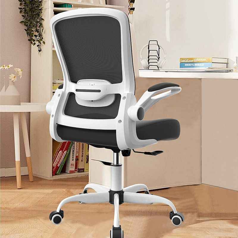 Photo 1 of Home Office Desk Chair Ergonomic Office Chair with Adjustable Lumbar Support and Flip-up Armrests, Computer Desk Chair with Thickened Cushion and Rocking Function, White
**MISSING COMPONENTS**PARTS ONLY**