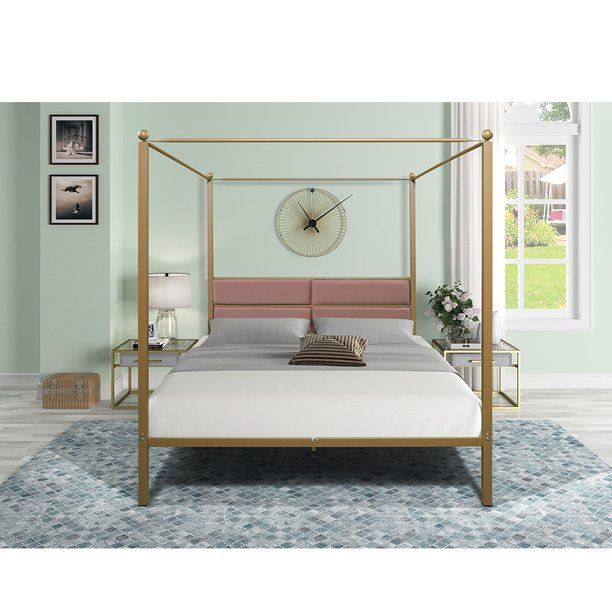 Photo 1 of Daciye Queen Canopy Metal Upholstered Bed Frame with Four Posters-W42721084
