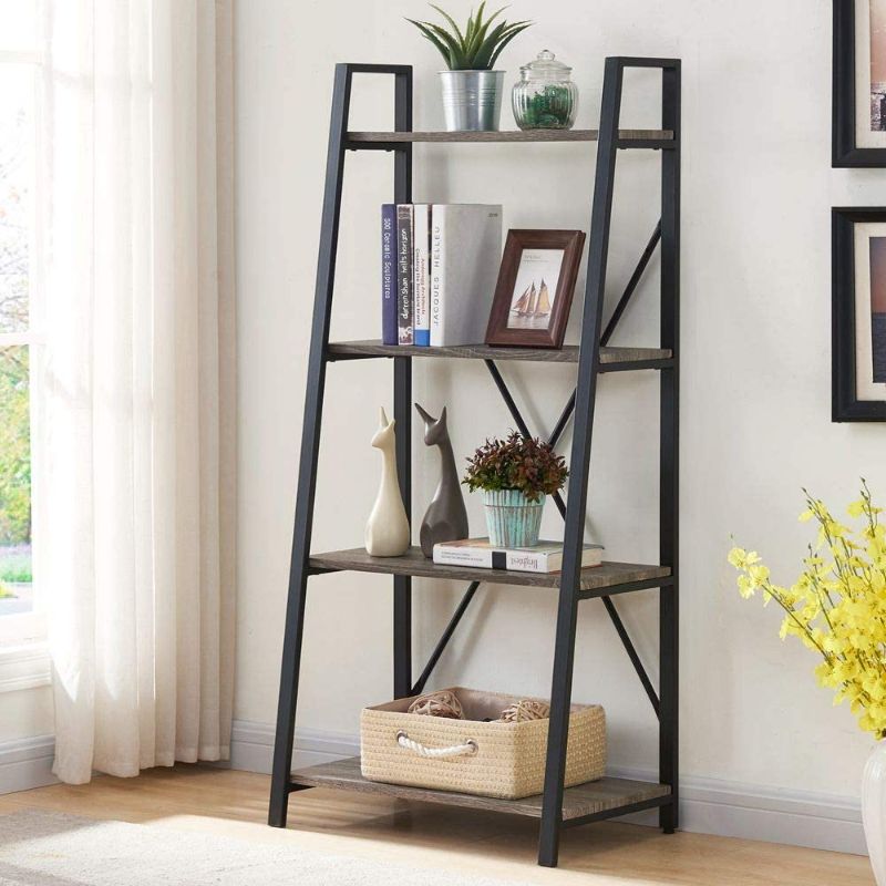 Photo 1 of BON AUGURE Ladder Shelf 4 Tier Leaning Industrial Bookshelf, Rustic Wood Metal Ladder Bookcase, Standing Storage Book Shelves for Living Room (Dark Gray Oak)
