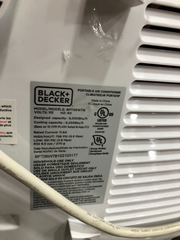 Photo 7 of BLACK+DECKER BPT06WTB Portable Air Conditioner with Remote Control, 6,000 BTU SACC/CEC (10,000 BTU ASHRAE), Cools Up to 250 Square Feet, White
**NO ACCESSORIES****PARTS ONLY**