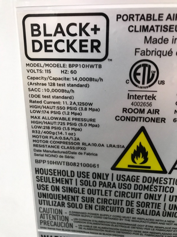 Photo 2 of BLACK+DECKER BPP10HWTB Portable Air Conditioner with Heat and Remote Control, 10,000 BTU SACC/CEC (14,000 BTU ASHRAE), Cools Up to 450 Square Feet, White
**DAMAGED**SELLING FOR PARTS ONLY**DOES NOT BLOW COLD**