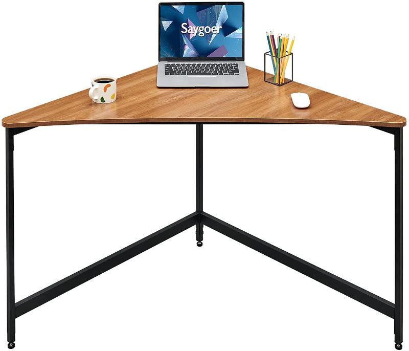 Photo 1 of Saygoer Industrial Corner Desk Triangle Computer Desk for Small Spaces Home Office Workstation Laptop Gaming Table Study Writing Student Desk, Walnut
