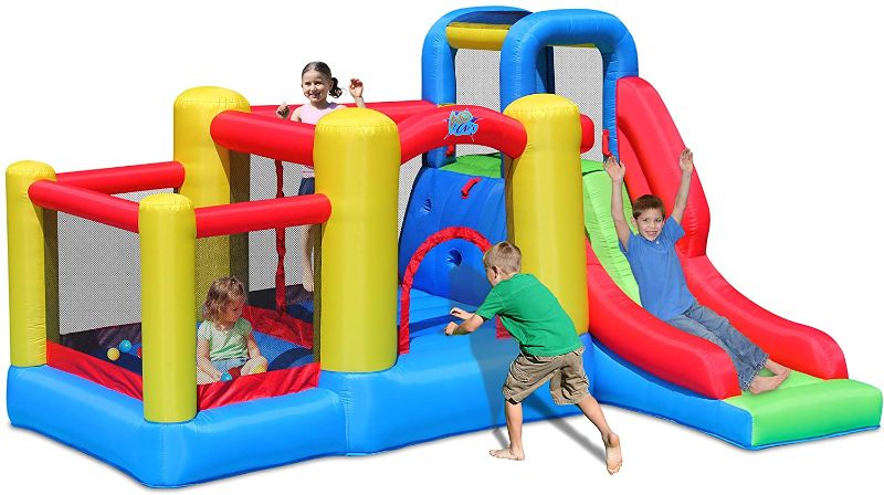 Photo 1 of ACTION AIR Bounce House, Bounce House with Blower, Bouncy Castle with Long Slide, Double Jumping Area and 30 Pit Balls, Durable Sewn with Extra Thick Material, for Kids (9359)
