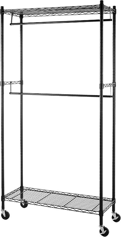 Photo 1 of Amazon Basics Adjustable, Double Hanging Rod Garment Rolling Closet Organizer Rack - Black, 72 Inch Height
