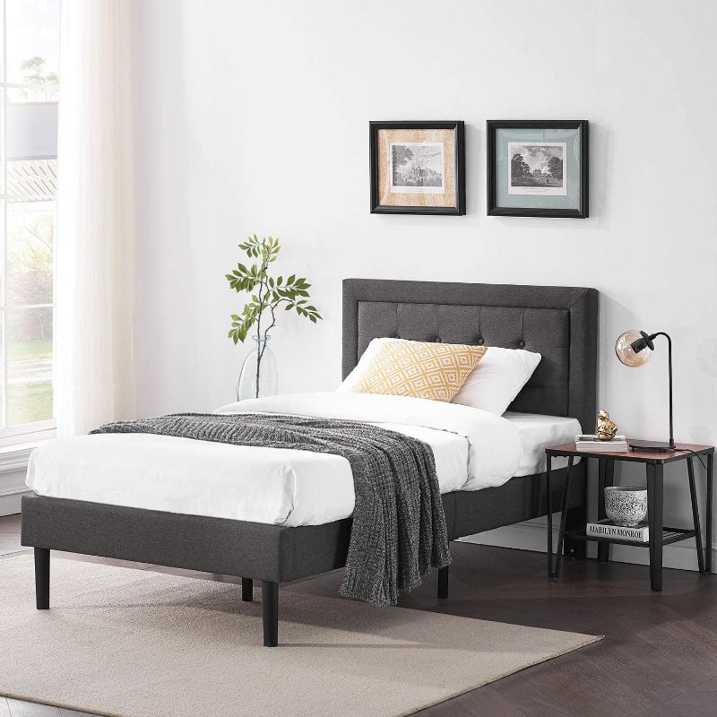 Photo 1 of  Upholstered Platform Bed Frame with Height Adjustable Headboard/Mattress Foundation with Strong Slat Support, Easy Assembly, Twin, Dark Grey
