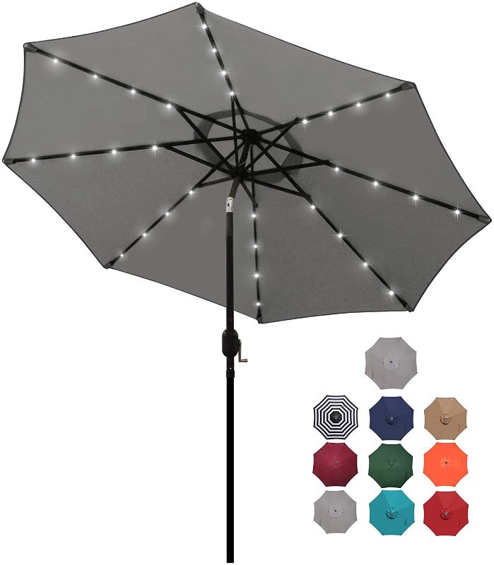 Photo 1 of Blissun 9 ft Solar Umbrella, 32 LED Lighted Patio Umbrella, Table Market Umbrella, Outdoor Umbrella for Garden, Deck, Backyard, Pool and Beach (Grey)

