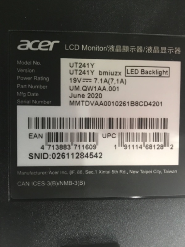 Photo 5 of ACER UT1 24IN MONITOR Model Name: UT241Y
Part Number: UM.QW1AA.001
23.8" - 16:9 - Full HD - Maximum Resolution 1920 x 1080 - Contrast Ratio 100,000,000:1 - Brightness 250 Nit - Color Black TESTED AND FUNCTIONS