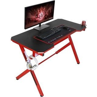 Photo 1 of JJS 48" Home Office Gaming Computer Desk with Cable Management, R Shaped Large Gamer Workstation PC Table with Cup Holder Headphone Hook Mouse Pad, Bl
