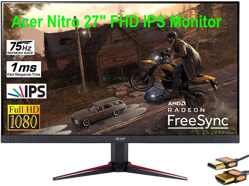 Photo 1 of Acer Premium Nitro 27" 1080P Gaming/Office/Home Monitor: Ultra Narrow Edge, Anti-Glare FHD IPS 16:9 Display, 75Hz Refresh Rate, 1ms Response Time, AMD Free Sync, Tilt Capable + HDMI Cable
