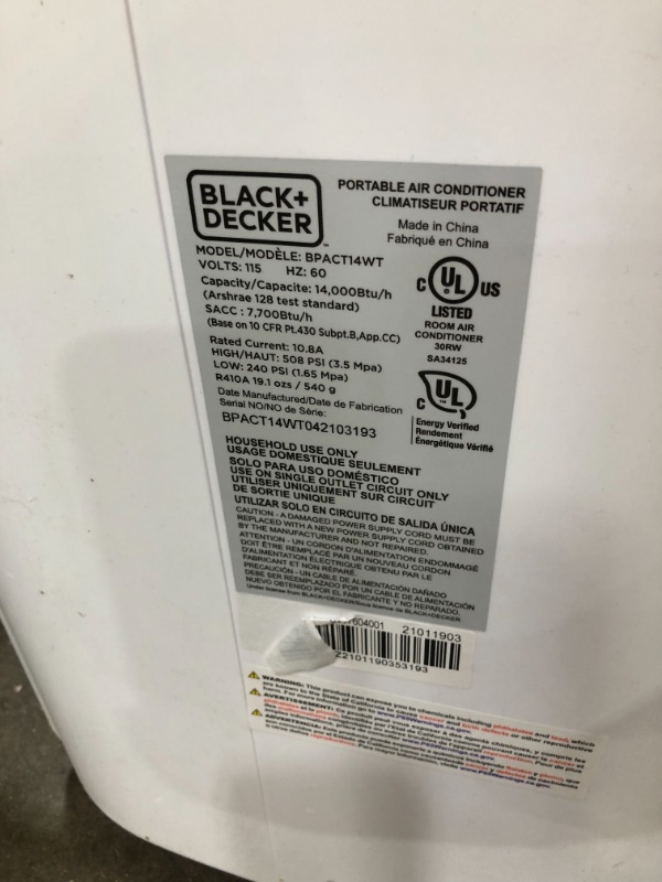 Photo 6 of BLACK+DECKER BPACT14WT Portable Air Conditioner with Remote Control, 7,700 BTU DOE (14,000 BTU ASHRAE), Cools Up to 350 Square Feet, White
