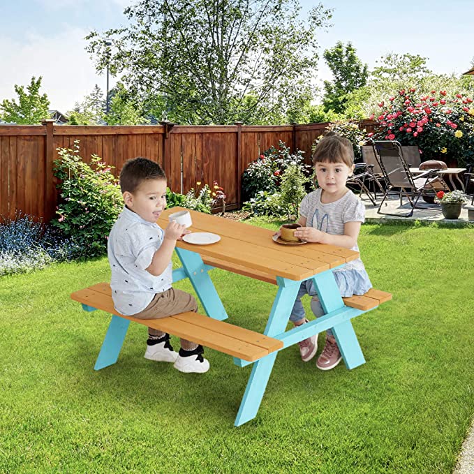 Photo 1 of Kids' Outdoor Wood Rectangle Picnic Table - Turquoise - Teamson Kids