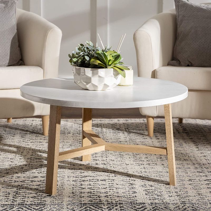 Photo 1 of 30 inch Round Coffee Table in White Faux Marble and Light Oak