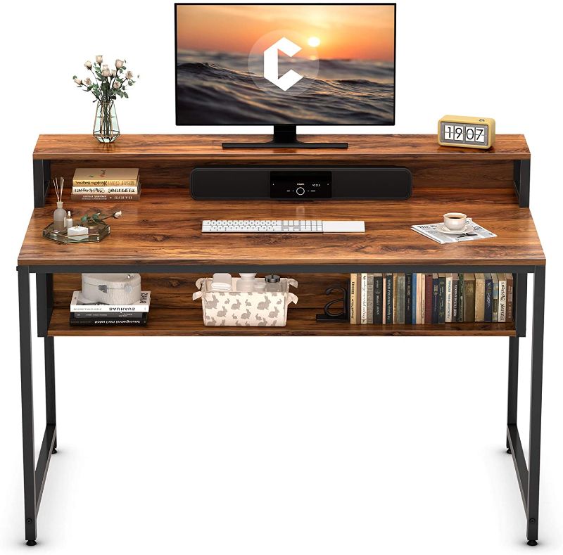 Photo 1 of Cubiker Computer Home Office Desk, 47" Small Desk Table with Storage Shelf and Bookshelf, Study Writing Table Modern Simple Style Space Saving Design, Dark Rustic
