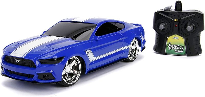 Photo 1 of Jada Toys Big Time Muscle Hyperchargers RC - 2015 Ford Mustang Gt, USB Charging, 2.4 Ghz, Glossy Blue with White Stripes (30723)
