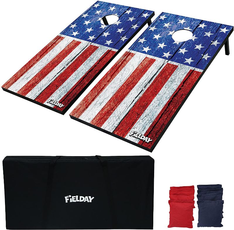 Photo 1 of JOYIN American Flag Cornhole Set, 4x2ft Regulation Size Cornhole Game Set, Includes 8 Bean Bags, Travel Case and Game Rules, Outdoor Backyard Lawn Game Set for Family and Adults
