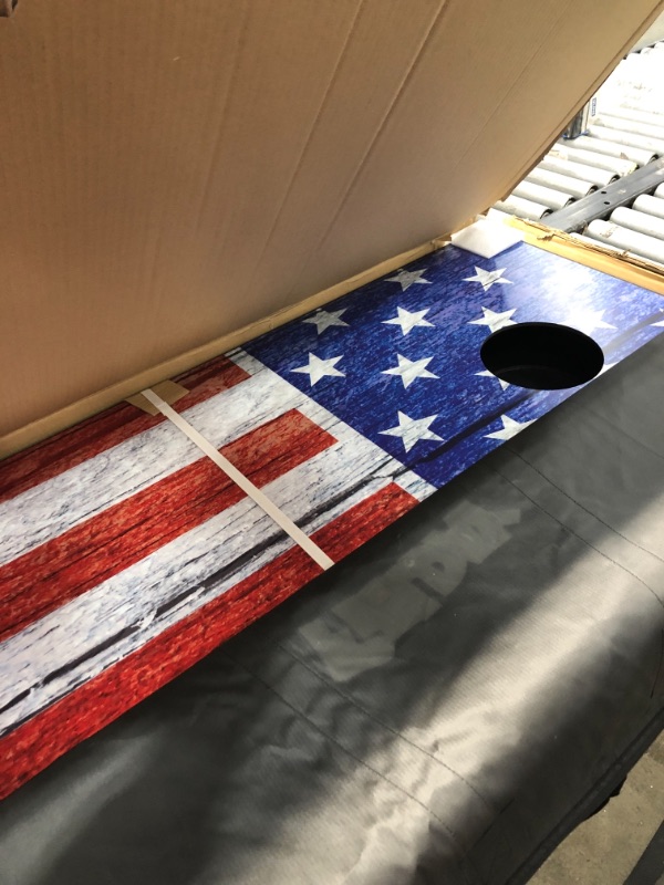 Photo 2 of JOYIN American Flag Cornhole Set, 4x2ft Regulation Size Cornhole Game Set, Includes 8 Bean Bags, Travel Case and Game Rules, Outdoor Backyard Lawn Game Set for Family and Adults
