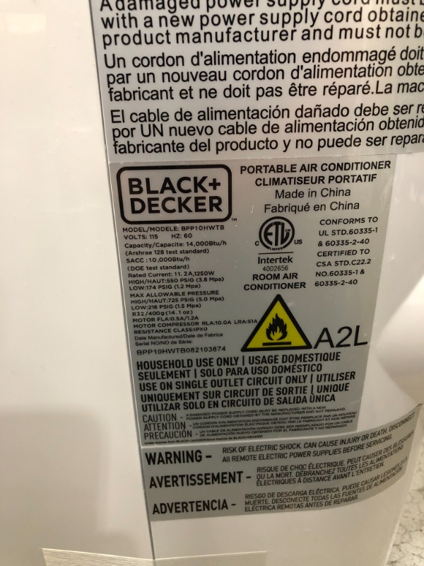 Photo 2 of BLACK+DECKER BPP10HWTB Portable Air Conditioner with Heat and Remote Control, 10,000 BTU SACC/CEC (14,000 BTU ASHRAE), Cools Up to 450 Square Feet, White

//TESTED AND FUNCTIONAL 
