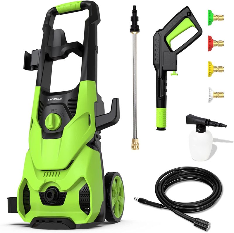 Photo 1 of [New Model] Paxcess 3000PSI Max Electric Pressure Washer, 1.76 GPM Portable Power Washer with Hose Reel, 4 Quick Connect Nozzles, Foam Cannon for Home/Car/Driveway/Patio Clean(Green)
