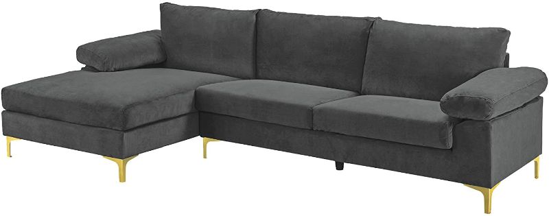 Photo 1 of **incomplete***  Casa Andrea Milano llc Modern Large Velvet Fabric Sectional Sofa Couch with Extra Wide Chaise Lounge with Golden Legs, L Shaped, Dark Grey (BOX 2 OF 2 only 1 box)
