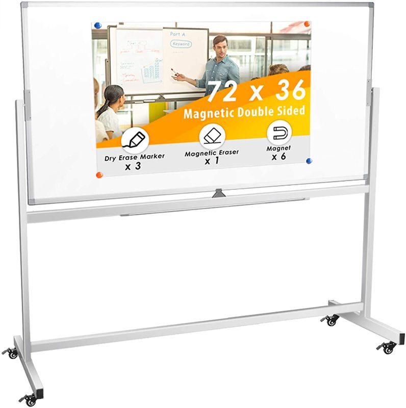 Photo 1 of Double Sided Rolling Whiteboard, Mobile Whiteboard Magnetic White Board - 72 x 36 inches Large Reversible Dry Erase Board Easel Standing Board on Wheels with Silver Aluminum Frame and Stand
