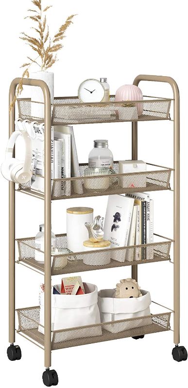 Photo 1 of UDEAR 4-Tier Rolling Metal Utility Cart,with Roller Wheels Mobile Storage Organizer,Khaki
