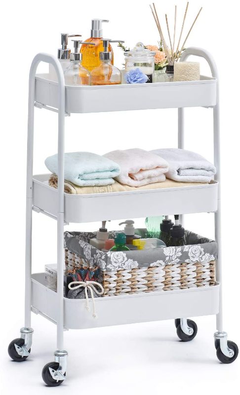 View 1 of TOOLF 3 Tier Rolling Cart, No Screw Metal Utility Cart, Easy Assemble Utility Serving Cart, Sturdy Storage Trolley with Handles, Locking Wheels, for Classroom Office Home Bedroom Bathroom, White
