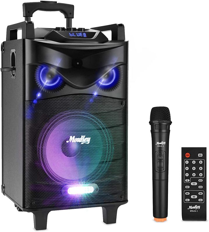 Photo 1 of Moukey Karaoke Machine Speaker,Bluetooth Outdoor Portable Wireless Speaker PA System with 10" Subwoofer, DJ Lights,Rechargeable Battery, Microphone, Recording, MP3/USB/TF/FM (RMS 140W to 520W Peak)