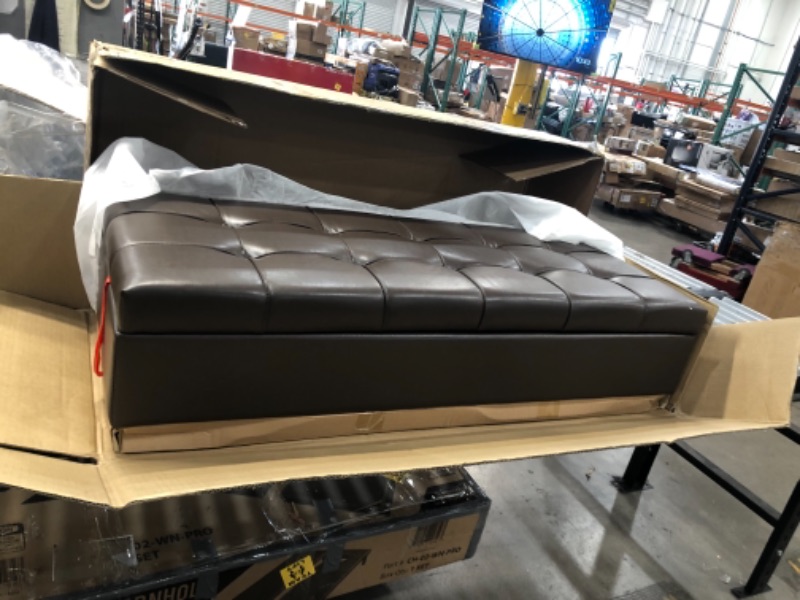 Photo 6 of Saxon 44 Inch Wide Transitional Rectangle Storage Ottoman Bench in Chocolate Brown Faux Leather - Simpli Home AXCOT-262-CBR
