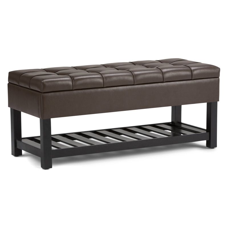 Photo 1 of Saxon 44 Inch Wide Transitional Rectangle Storage Ottoman Bench in Chocolate Brown Faux Leather - Simpli Home AXCOT-262-CBR
