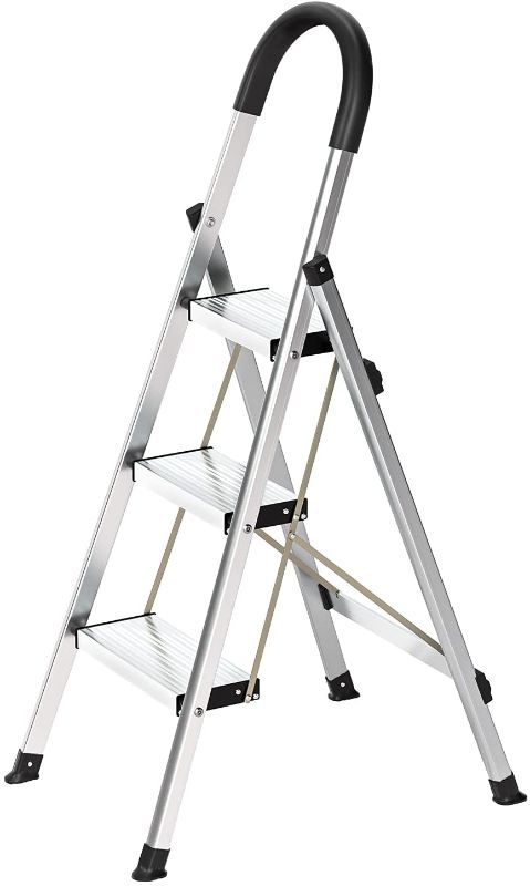 Photo 1 of 3 Step Ladder - Folding Step Stool w/Non-Slip Anti-Scratch Pedal Sturdy Aluminum Stepladders Hold Up to 330lbs for Household, Kitchen and Office, Silver
