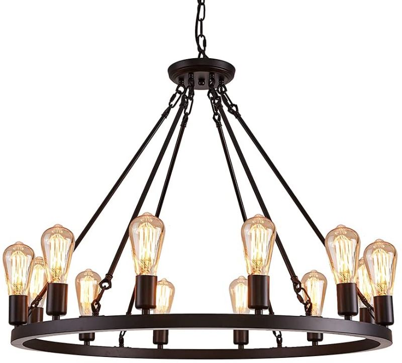 Photo 1 of **PREVIOUSLY USED, MISSING HARDWARE, LIGHTBULBS NOT INCLUDED**
12 Lights Industrial Farmhouse Chandelier Black Wagon Wheel Light Fixture Rustic Vintage Style for Living Room Kitchen Island Dining Room Foyer Billiard Room
