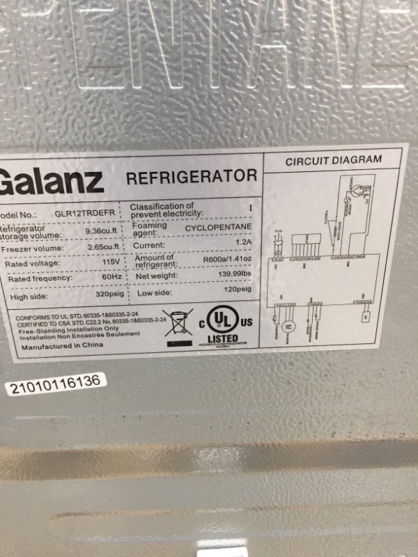 Photo 6 of ***PARTS ONLY*** Galanz GLR10TRDEFR True Top Freezer Retro Refrigerator Frost Free, Dual Door Fridge, Adjustable Electrical Thermostat Control, Red, 10.0 Cu Ft
