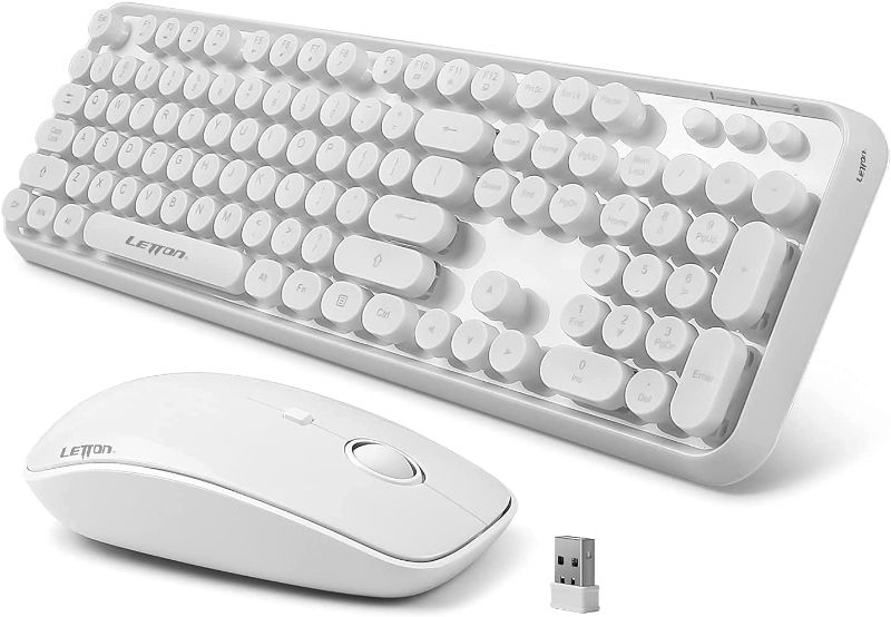 Photo 1 of MISSING MOUSE  Wireless Keyboard Mouse Combo, 2.4GHz White Wireless Keyboard Typewriter, Letton Full Size Office Computer Retro Keyboard and Optical Cute Mouse with 3 DPI...
