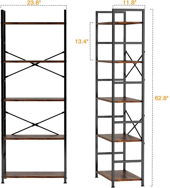 Photo 1 of 5-Tier Tall Bookcase, Rustic Wood and Metal Standing Bookshelf, Industrial Vintage Book Shelf Unit, Open Back Modern Office Bookcases