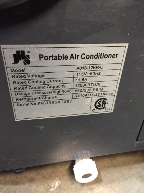 Photo 4 of *selling for PARTS, NO RETURNS*
JHS A018-12KR/A 12,000 BTU Portable Air Conditioner 3-in-1 Floor AC Unit with 3 Fan Speeds, Remote Control and Digital LED Display, Cover up to 400 Sq. Ft, White, 14.2" D x 16.6" W x 28.5" H
