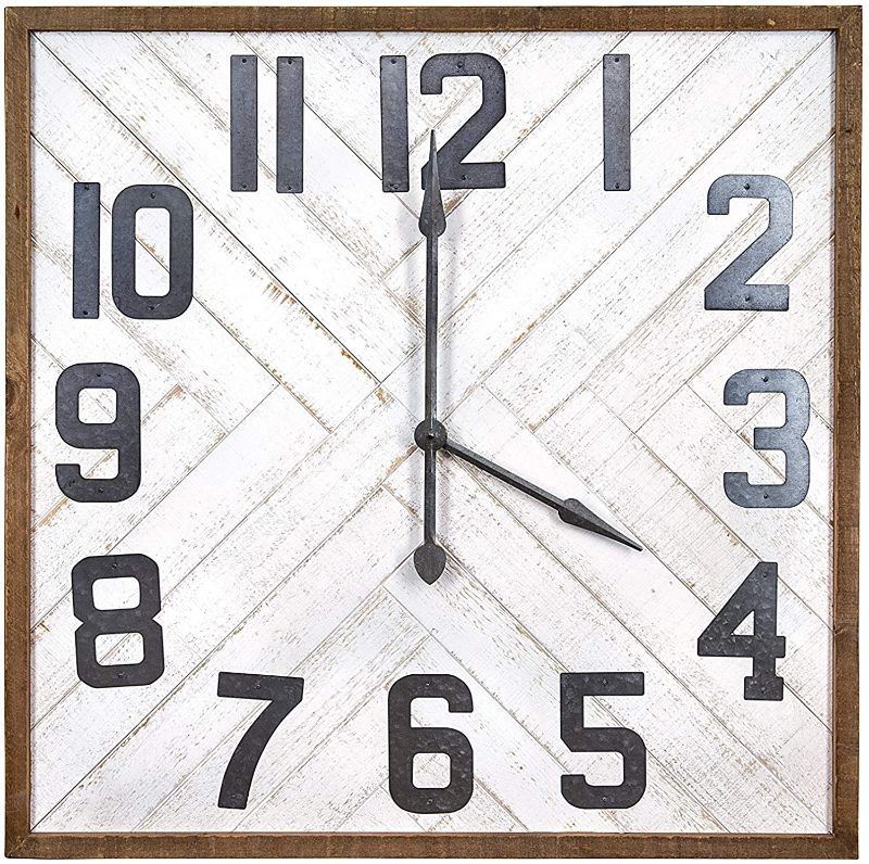 Photo 1 of *border NEEDS to be fixed/ reattached* 
Creative Co-Op Square Herringbone Inlay Stained Wood Wall Clock, 36", White
