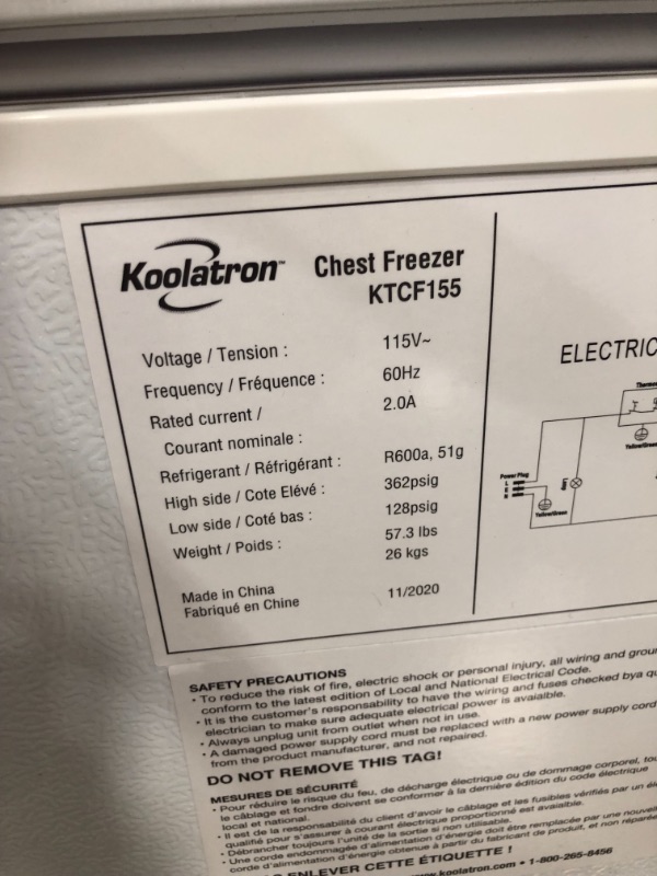 Photo 5 of *UNABLE to test due to damaged plug*
Koolatron KTCF155 Compact Chest 5.0 Cubic Feet Capacity and Removeable Wire Basket-Mini Freezer Ideal for Home, Apartment, Condo, Cabin, Basement-White
