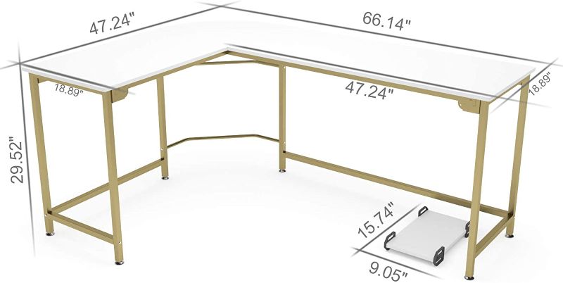 Photo 1 of Teraves Modern L-Shaped Desk Corner Computer Desk Home Office Study Workstation Wood & Steel PC Laptop Gaming Table (Large, White)
