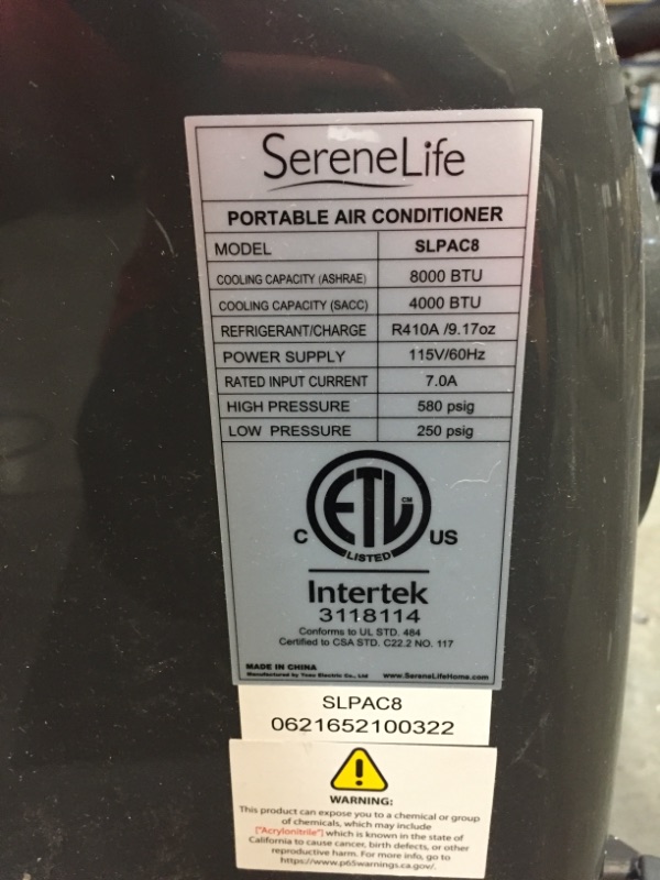 Photo 5 of *USED*
*SEE last picture for damage*
Portable Electric Air Conditioner Unit - 900W 8000 BTU Power Plug In AC Cold Indoor Room Conditioning System w/ Cooler, Dehumidifier, Fan, Exhaust Hose, Window Seal, Wheels, Remote - SereneLife SLPAC8
