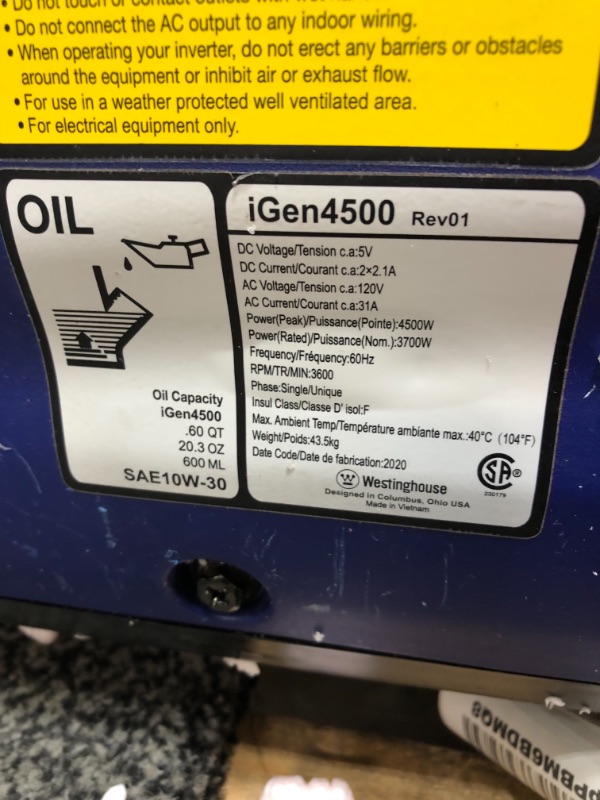 Photo 9 of *USED*
Westinghouse iGen4500 Super Quiet Portable Inverter Generator 3700 Rated & 4500 Peak Watts, Gas Powered, Electric Start, RV Ready, CARB Compliant
