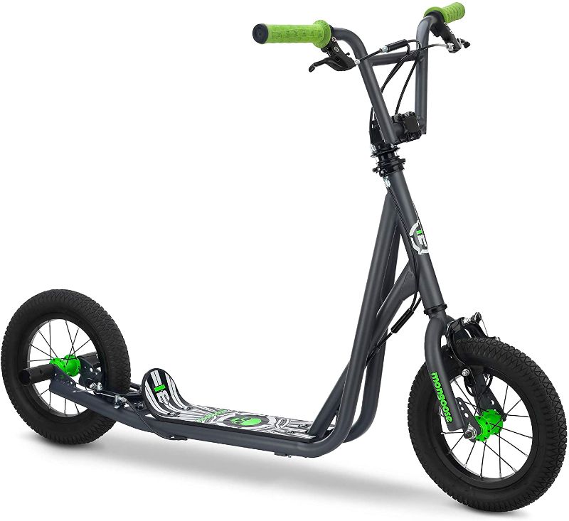 Photo 1 of Mongoose Expo Scooter, Featuring Front and Rear Caliper Brakes and Rear Axle Pegs with 12-Inch Inflatable Wheels, Green/Grey, Non Electric