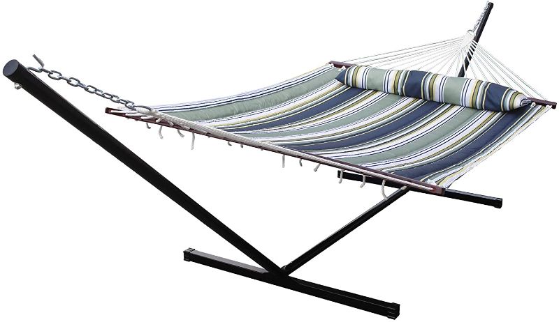 Photo 1 of *USED*
HENG FENG 2 Person Double Hammock with 12 Foot Portable Steel Stand and Spreader Bar, Detachable Pillow, Quilted Fabric Bed, Blue & Aqua
