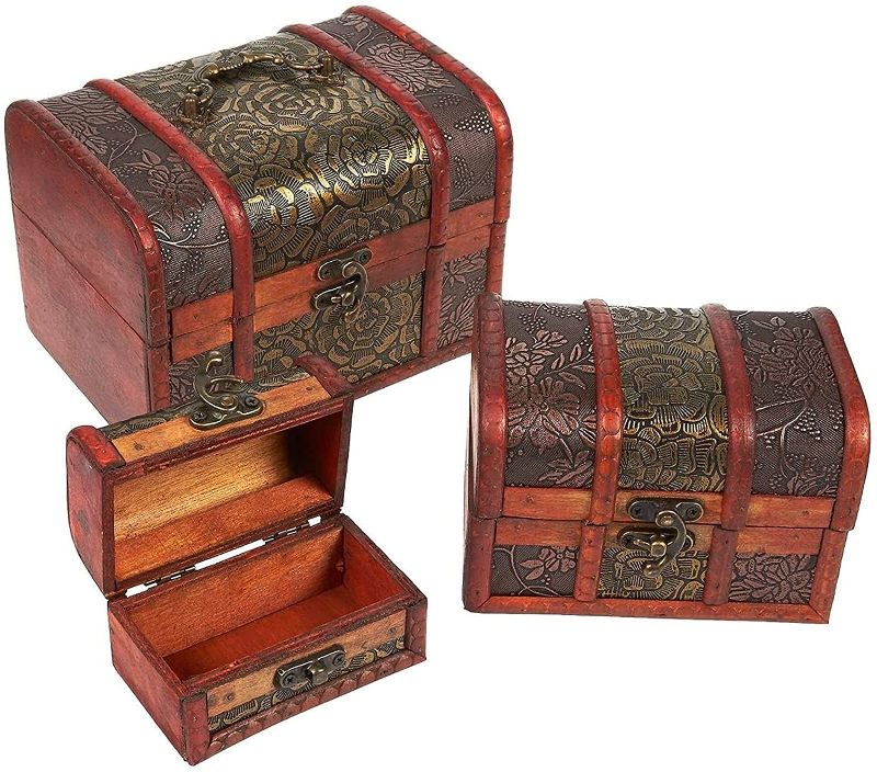 Photo 1 of *MISSING a chest*
Juvale 3 Piece Wooden Treasure Box - Keepsake Box - Treasure Chest with Flower Motif for Jewelry